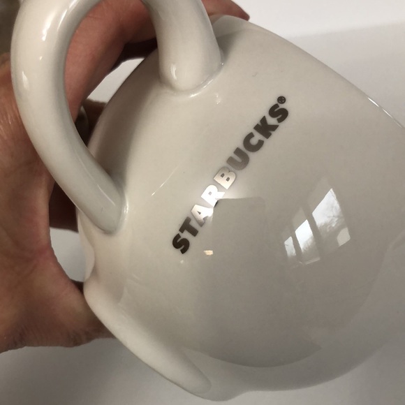 Starbucks Set Of Two White Round Barrel Silver Lettering 14oz. 2014 Coffee Mugs - Picture 3 of 13